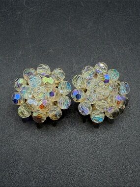 Vintage Italian Aurora Borealis AB Crystal Cluster Clip on Earrings, Jewelry